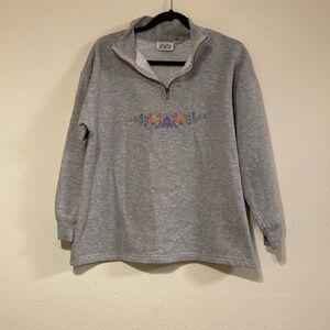 Vintage Quarter Zip Floral Embroidery Grey Sweater